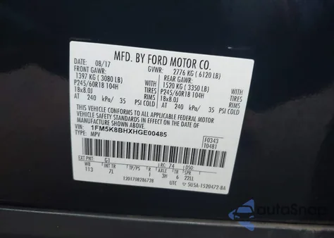 2017 Ford Explorer из США, поврежденный, VIN 1FM5K8BHXHGE00485